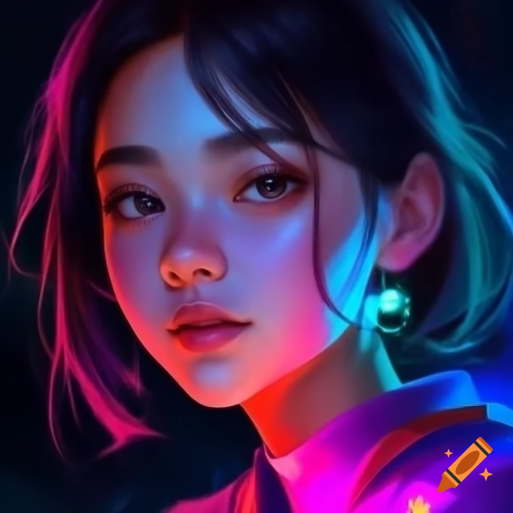 Striking portrait of rebellious young woman inspired by Blade Runner, vibrant colors