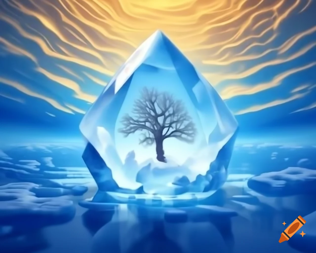 Oak tree encased in ice cube with ice crystals against blue and golden water background