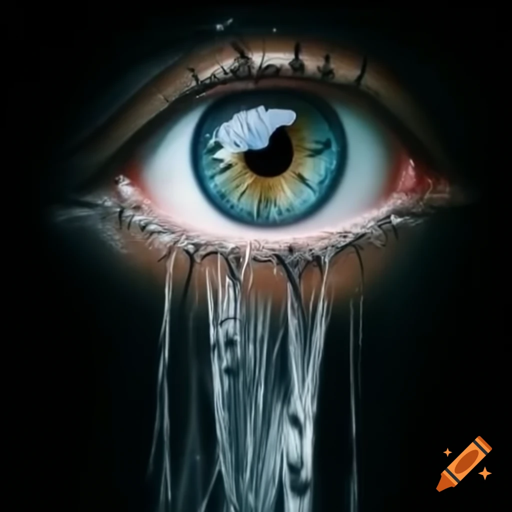 Artistic depiction of an eye with a water-like pupil flowing downward