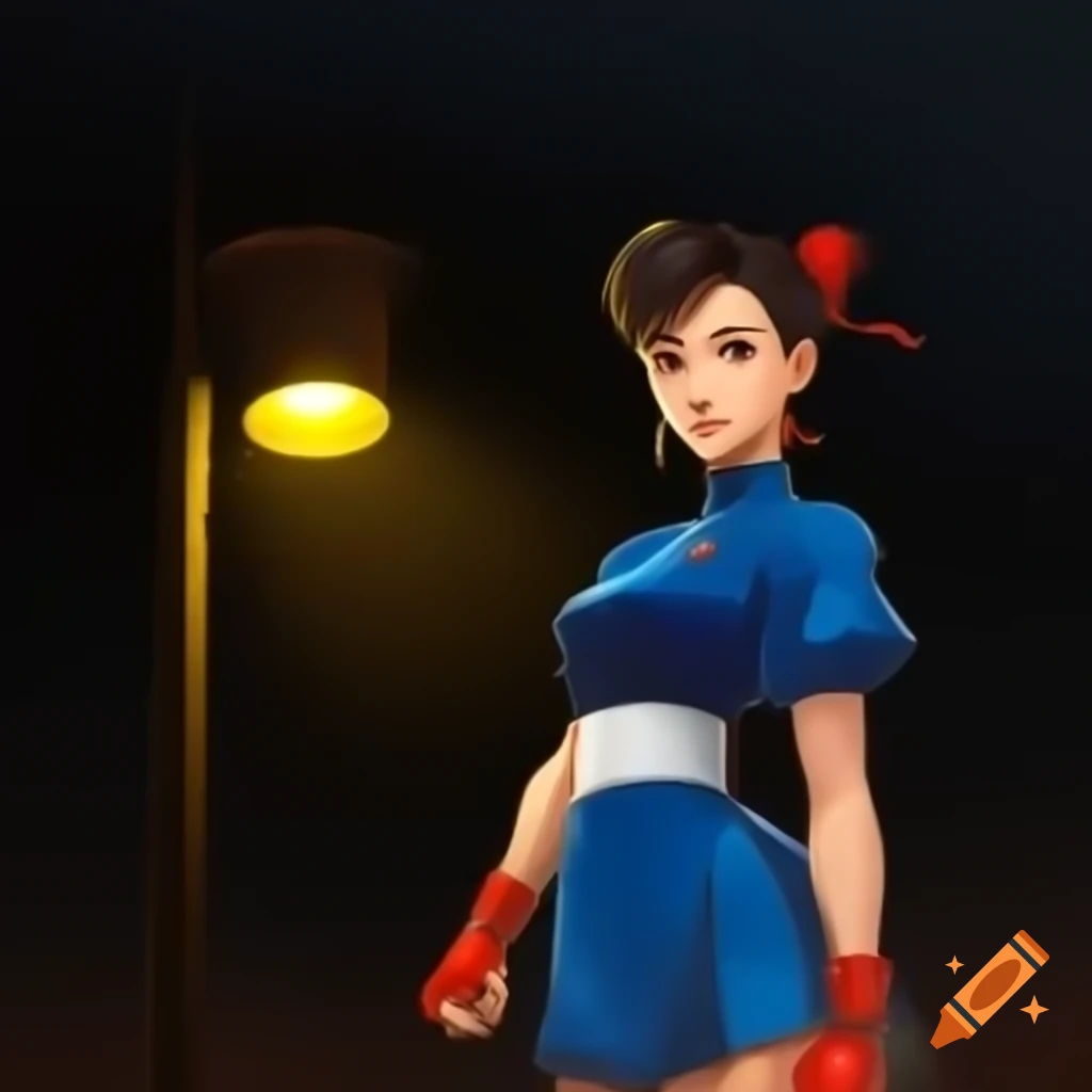 Anime depiction of Chun-Li from Street Fighter in front of floodlight