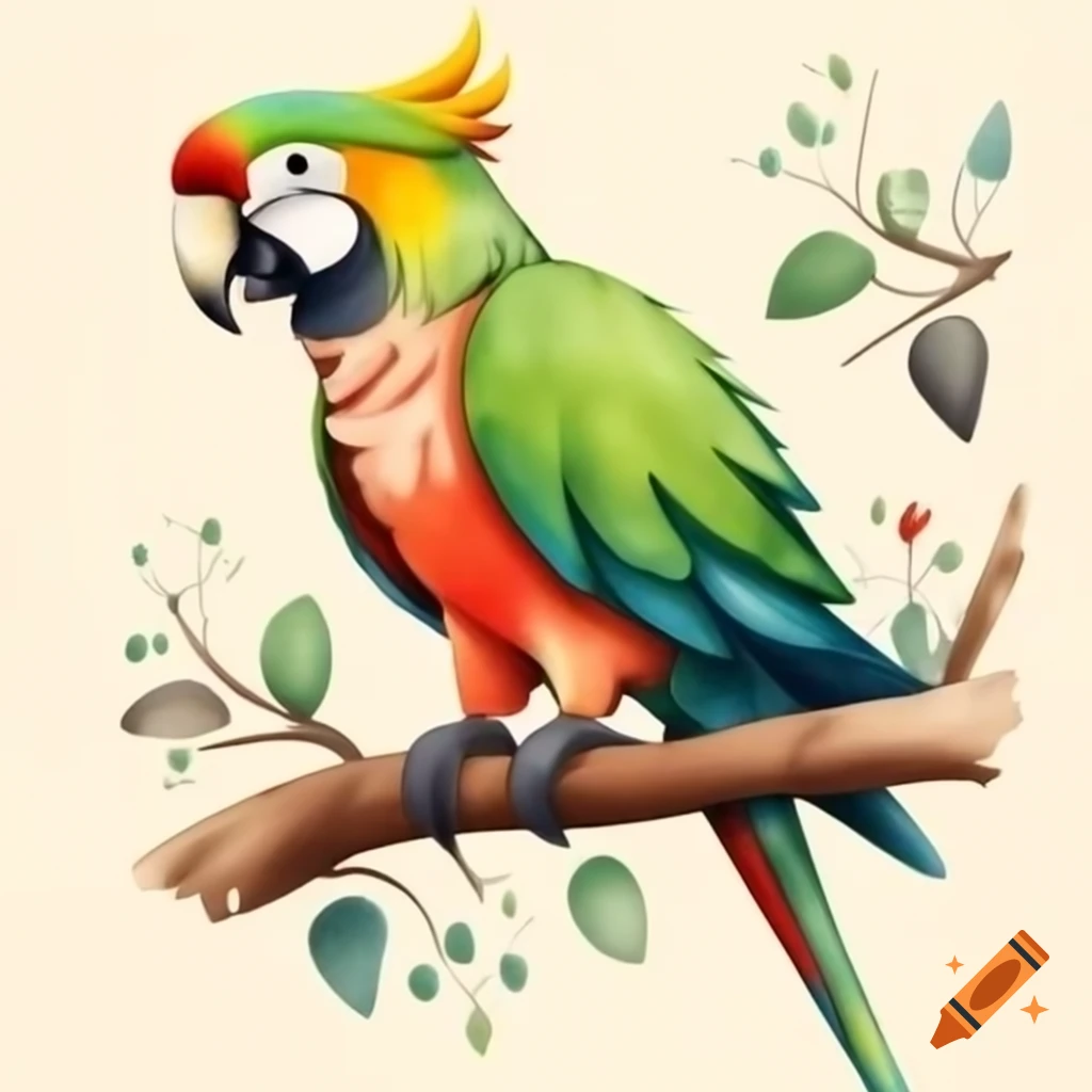 Cartoon style king parrot in watercolor shades of green, red, and orange perched on tree branch