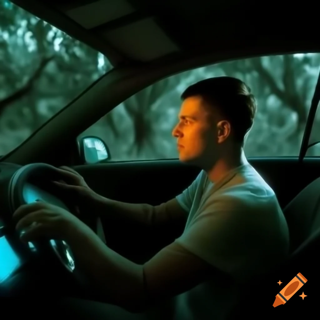 Engineer in high-performance car driving through woods at night with olive lighting