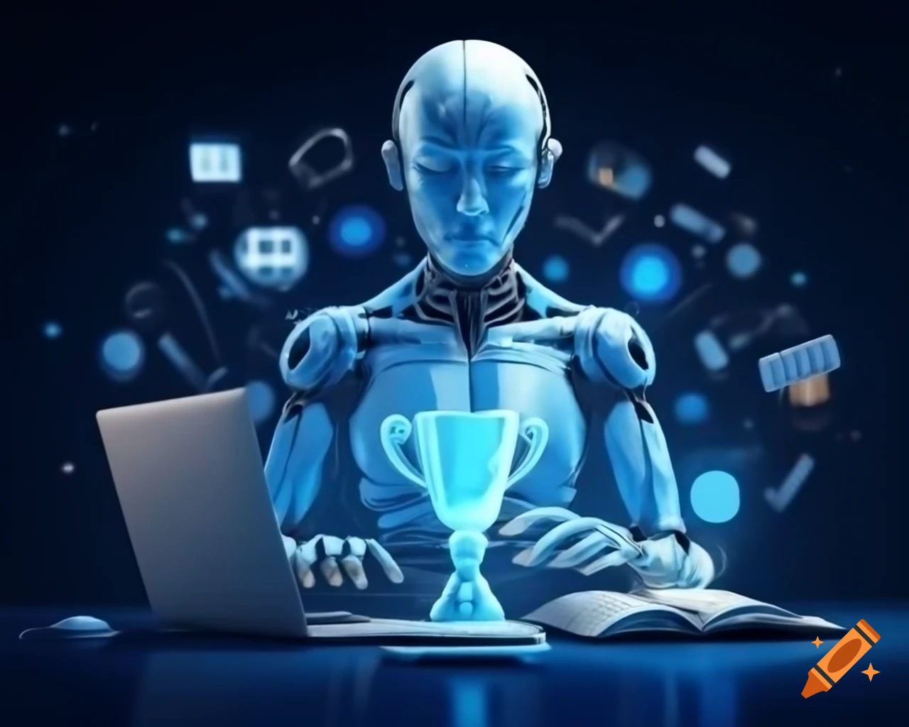 Various objects including trophy laptop and person on craiyon