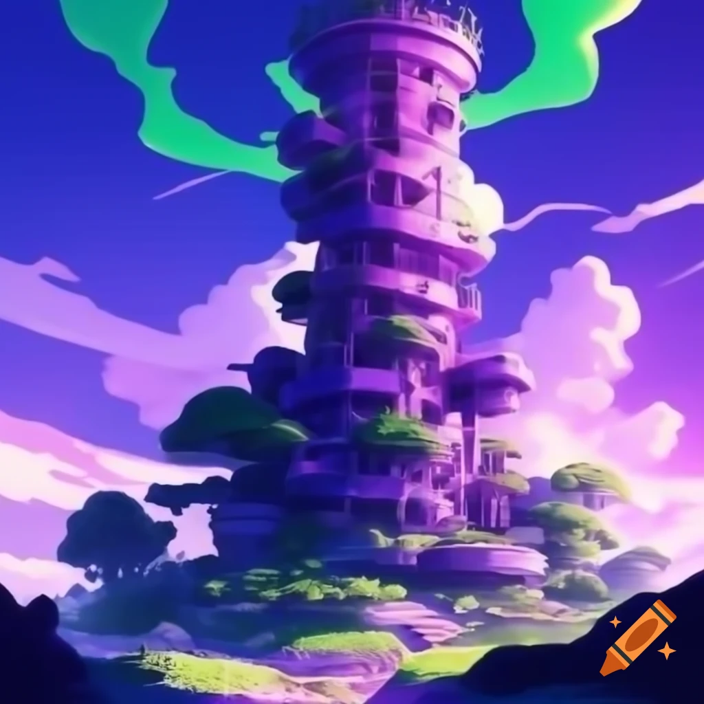 Inspiring illustration of a large purple tower with green highlights on