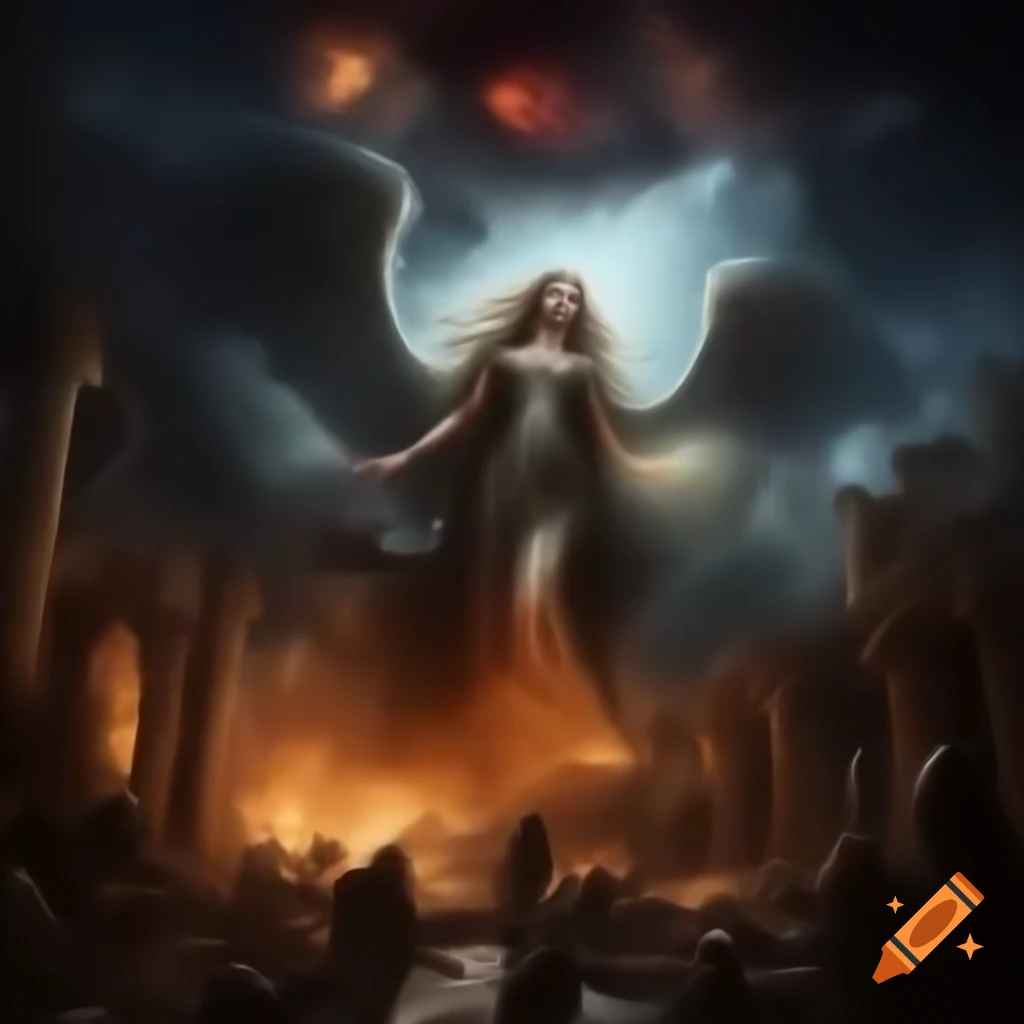 Aftermath of Dream War with smoke, ruins, and mythological creatures