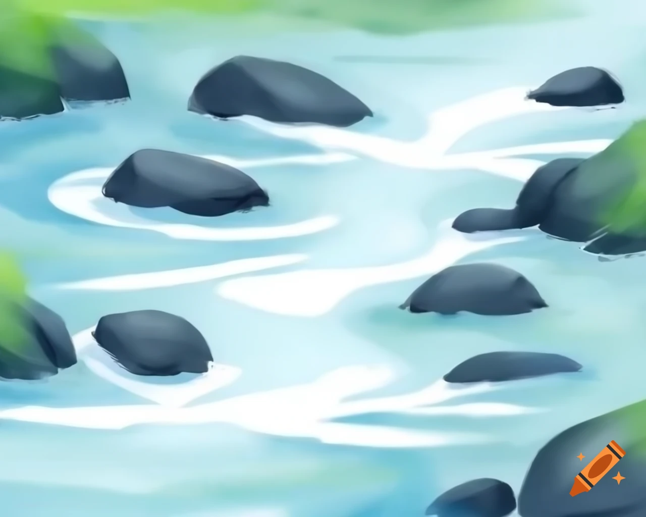 Cartoon-style watercolor creek in blue green and sandstone shades