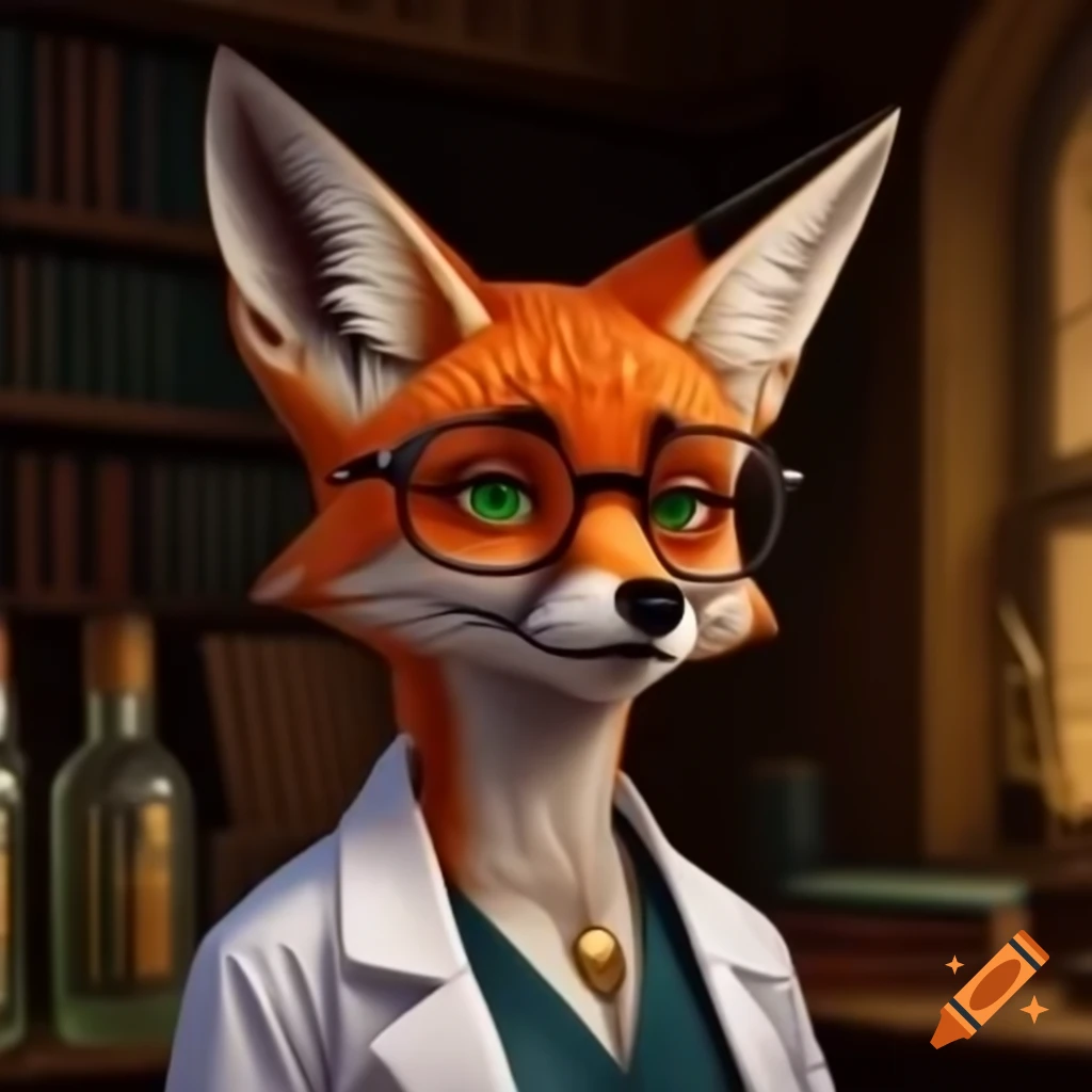 Humanoid fox doctor named Dr. Whiskers with red-orange fur and spectacles