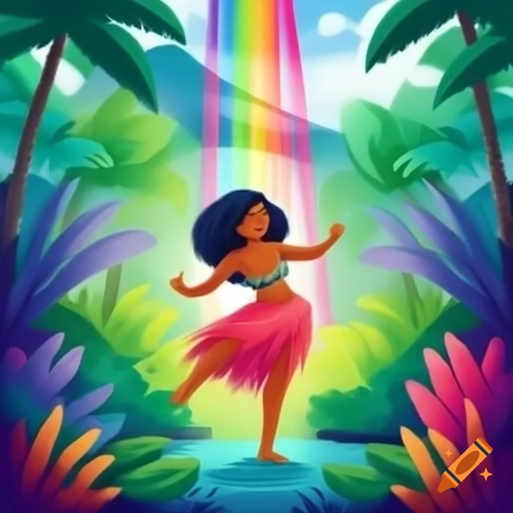 Hawaiian dancer in jungle with rainbow