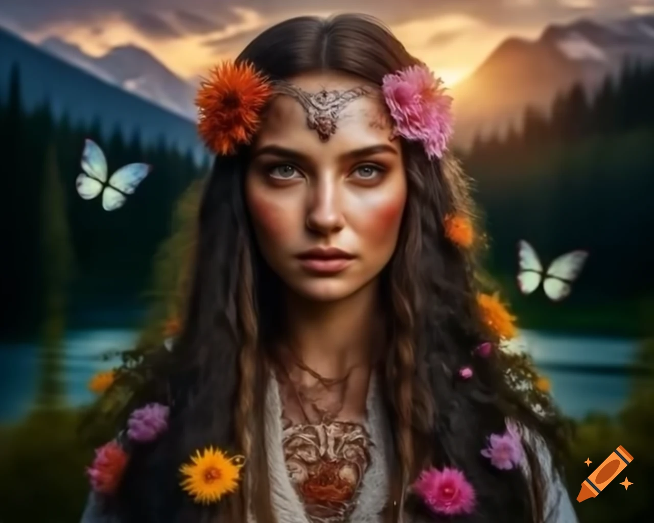 Hyperrealistic close-up of Slavic woman with flowers and butterflies in her hair