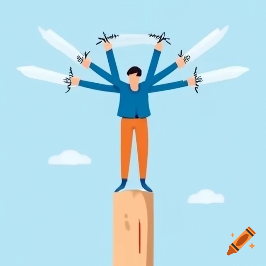 Man balancing on high pole with swords for fingers