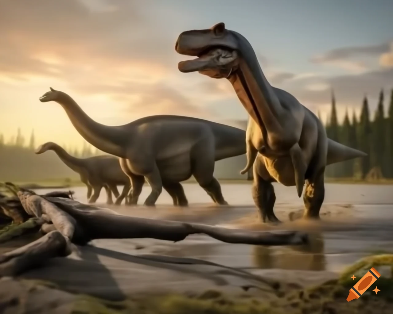 Hadrosaurus trio walking along sunny muddy bank of lake in British Columbia