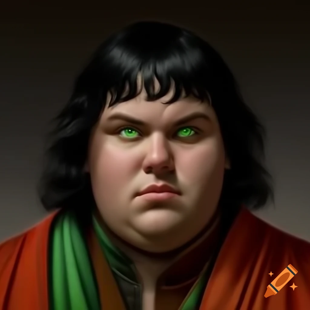 Renaissance nobleman with black hair and green eyes in colorful robes