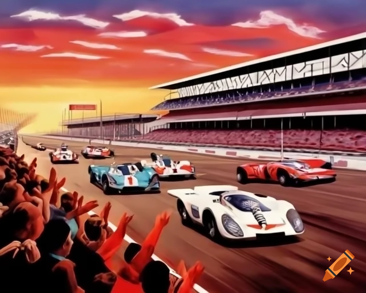 Vintage Porsche 917 and Ford GT40 racing with spectators on sidelines, illustrated in high detail