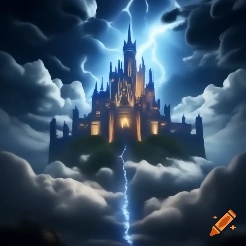 Ethereal white castle floating in night sky with lightning and whirlwinds