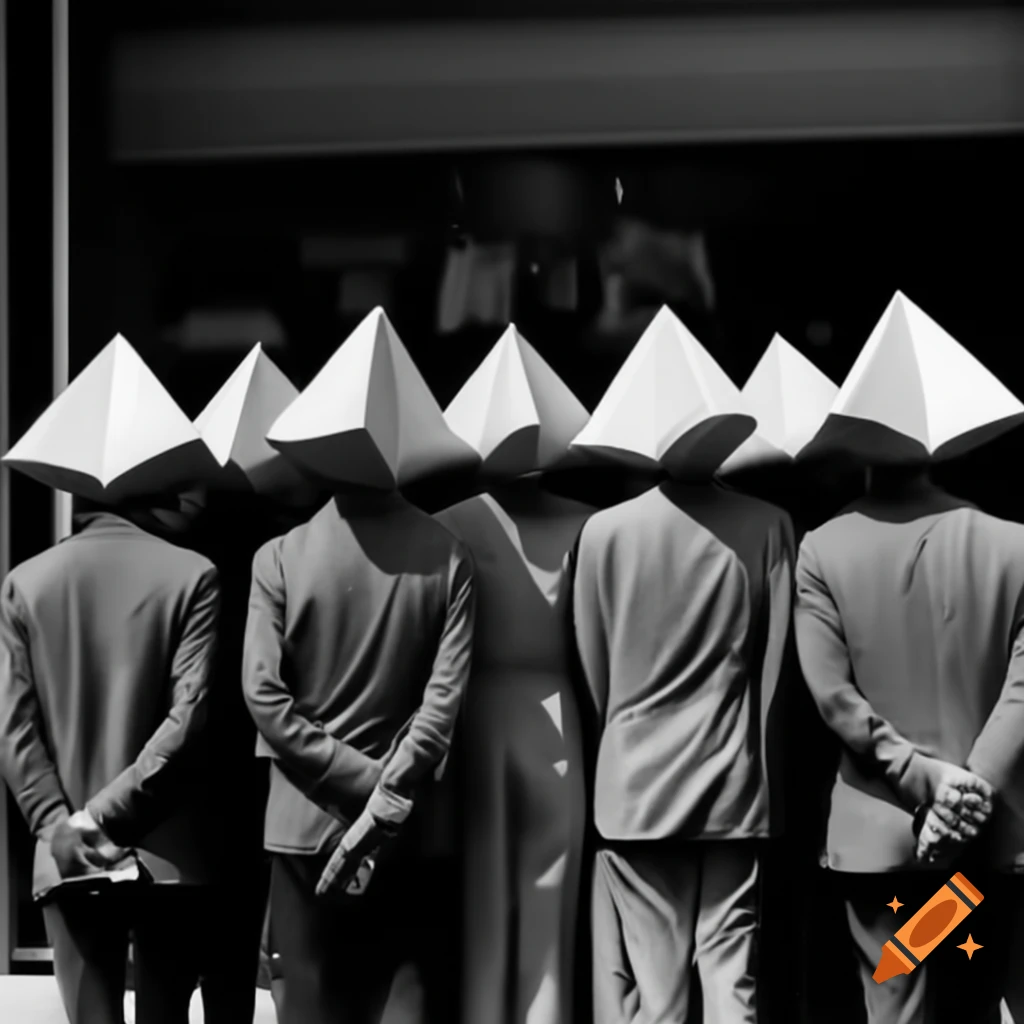 Group of people with triangle-shaped heads standing in front of clothing store
