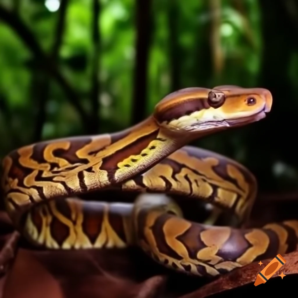 Brown ball python with yellow patches in tropical forest