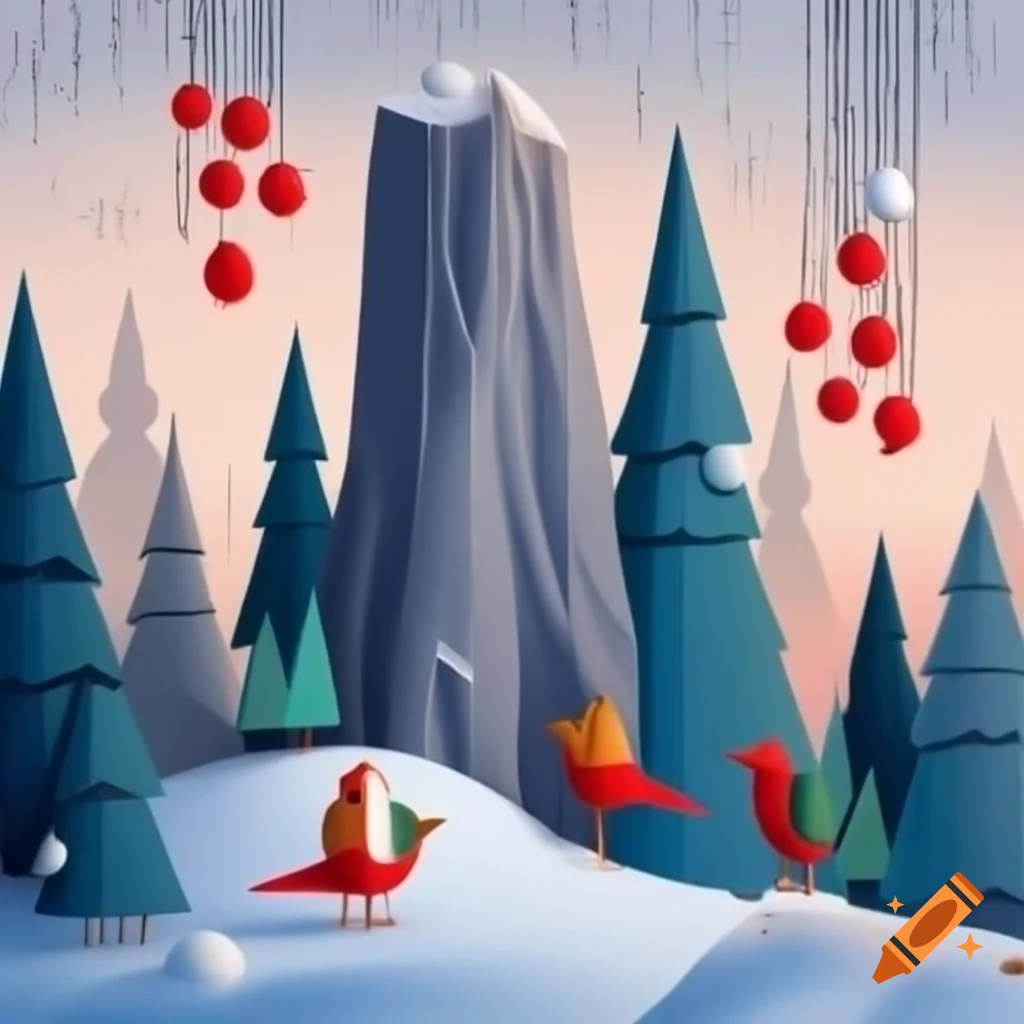 Panorama illustration of Christmas forest scene with Salish and Russian fairytale motifs