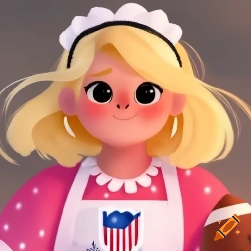 Cute animated logo of blonde girl in pink apron and American football