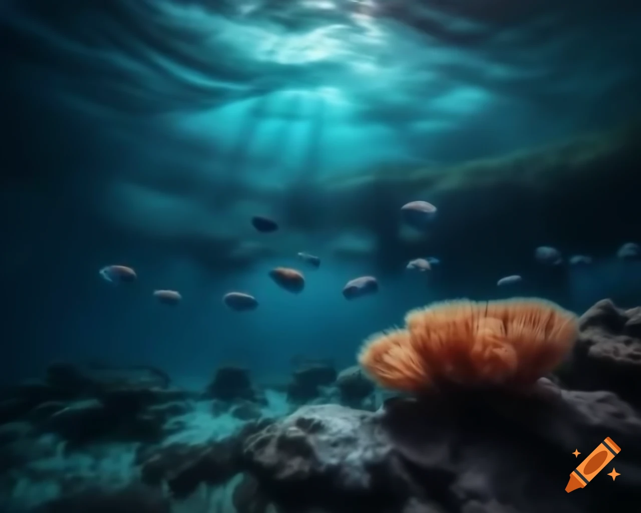Mystical saltwater mountain lake in ocean with colorful fish and coral