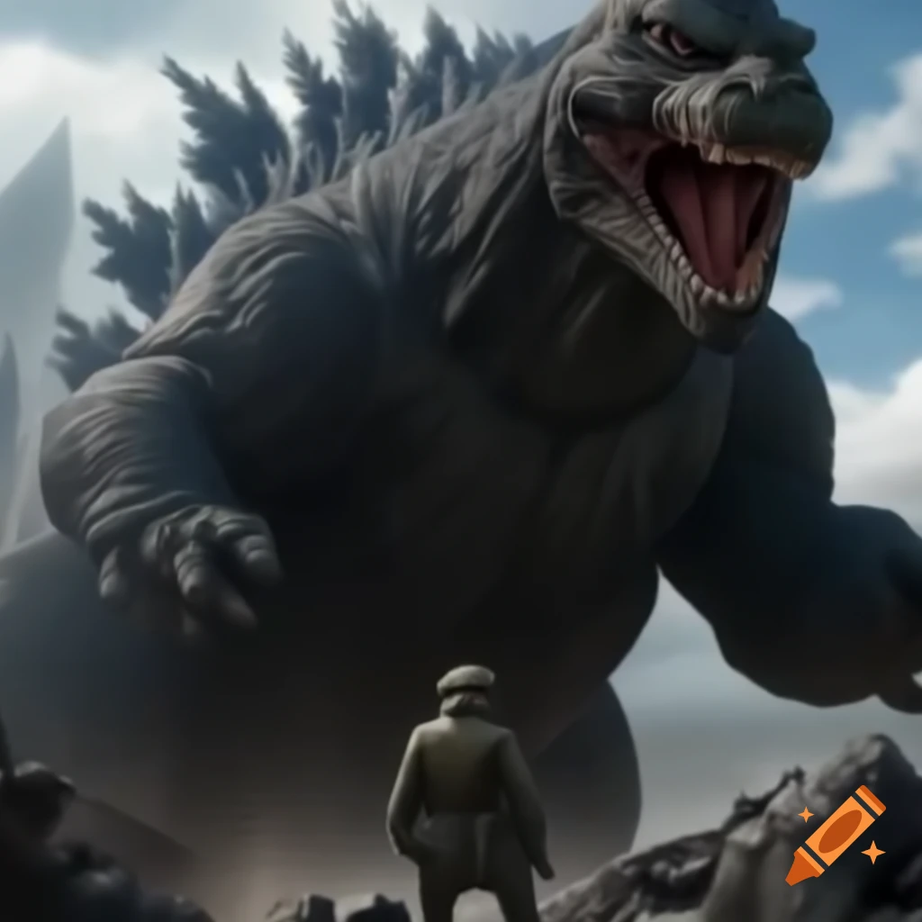 Putin riding Godzilla in Dream War, dramatic scene