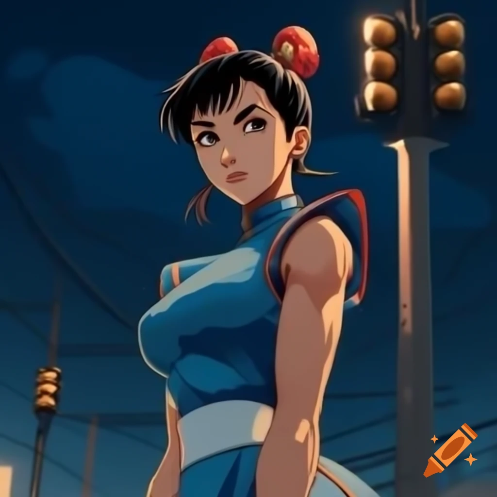 Anime depiction of Chun-Li from Street Fighter in front of floodlight