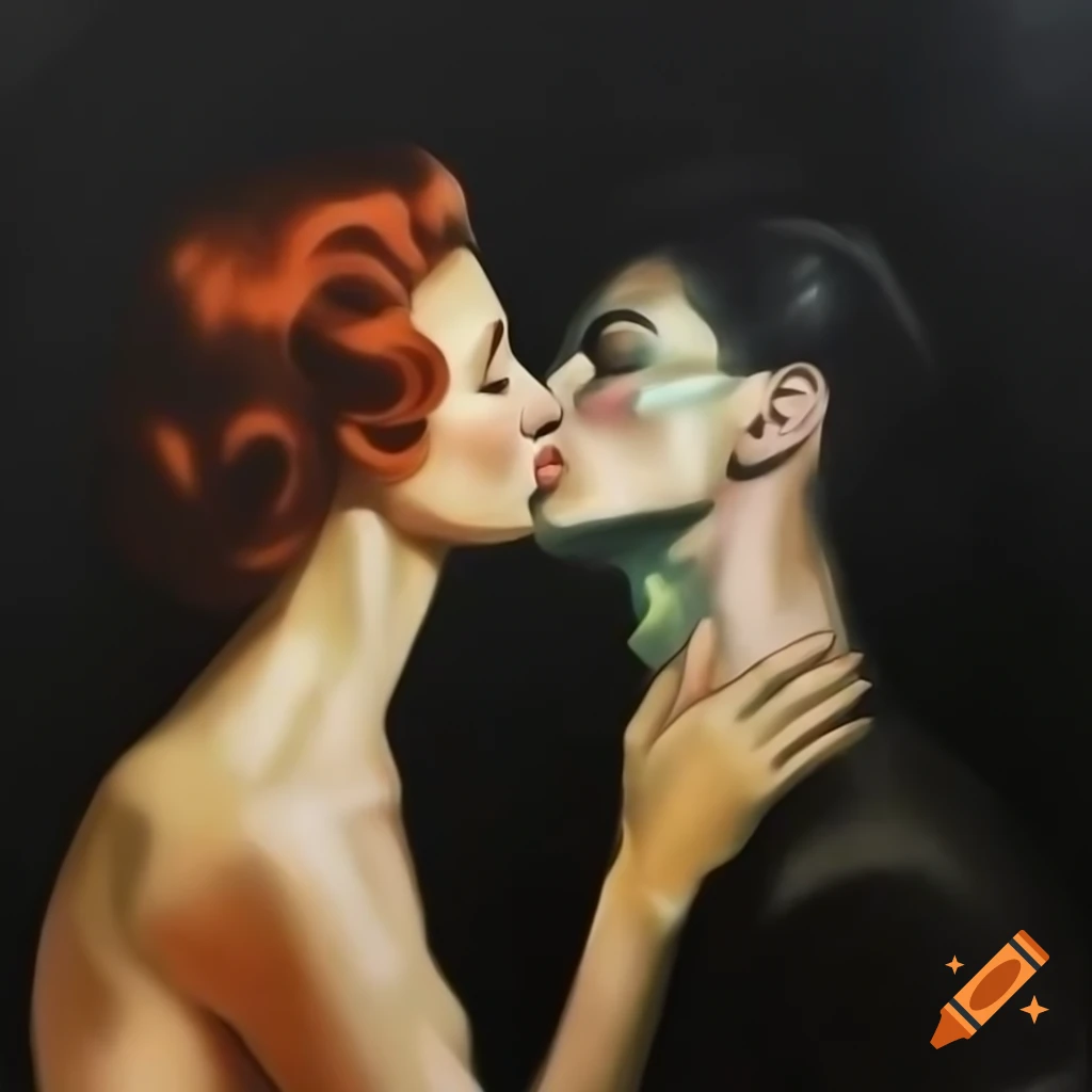 Vintage oil painting portrait of frog and woman kissing in impressionism style