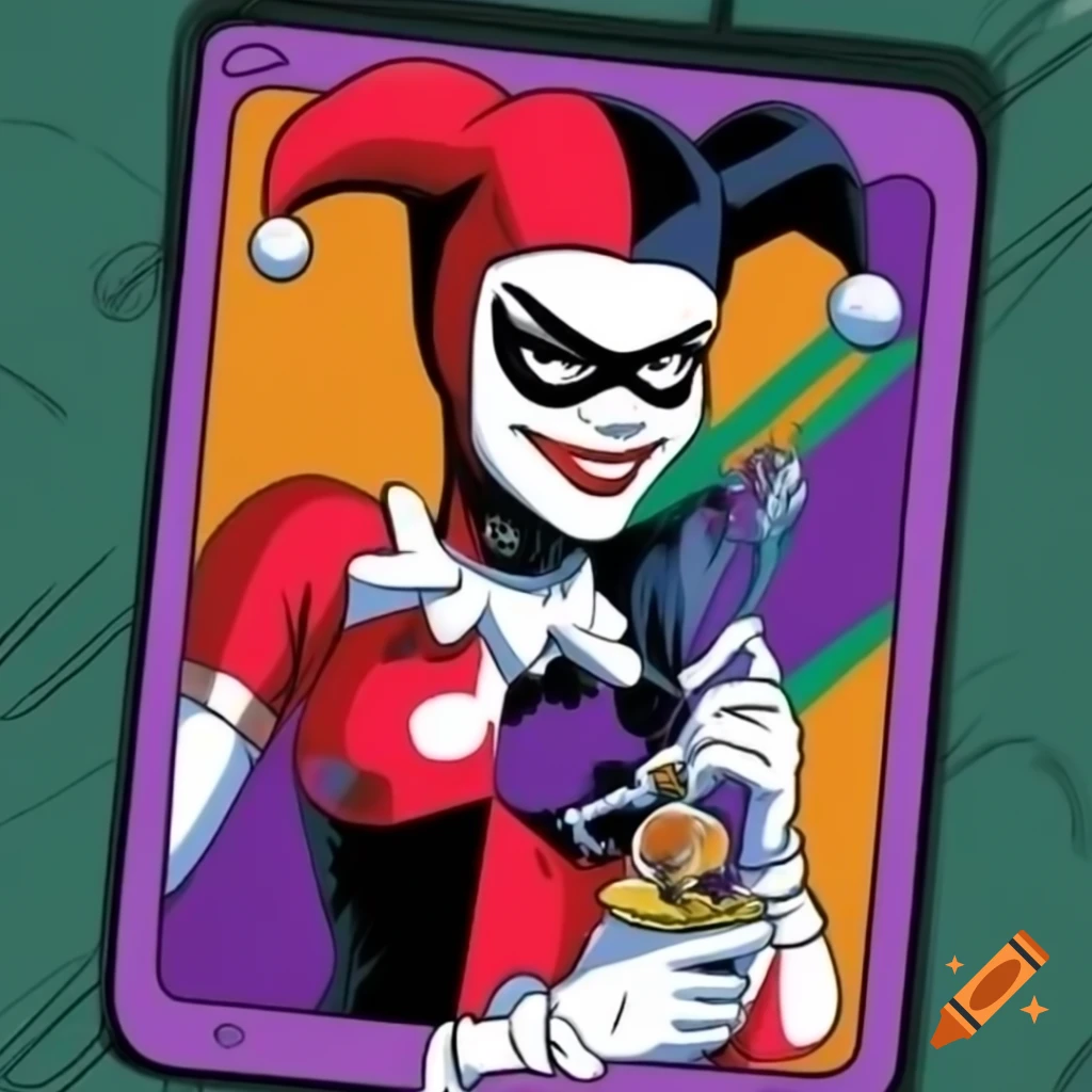 Harley Quinn depicted in a Joker playing card design