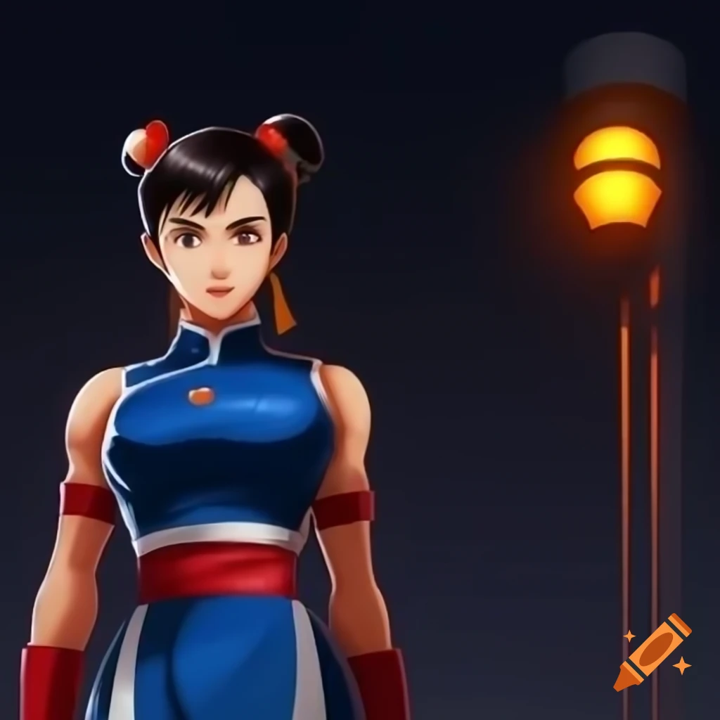 Anime version of Chun-li from Street Fighter in front of floodlight