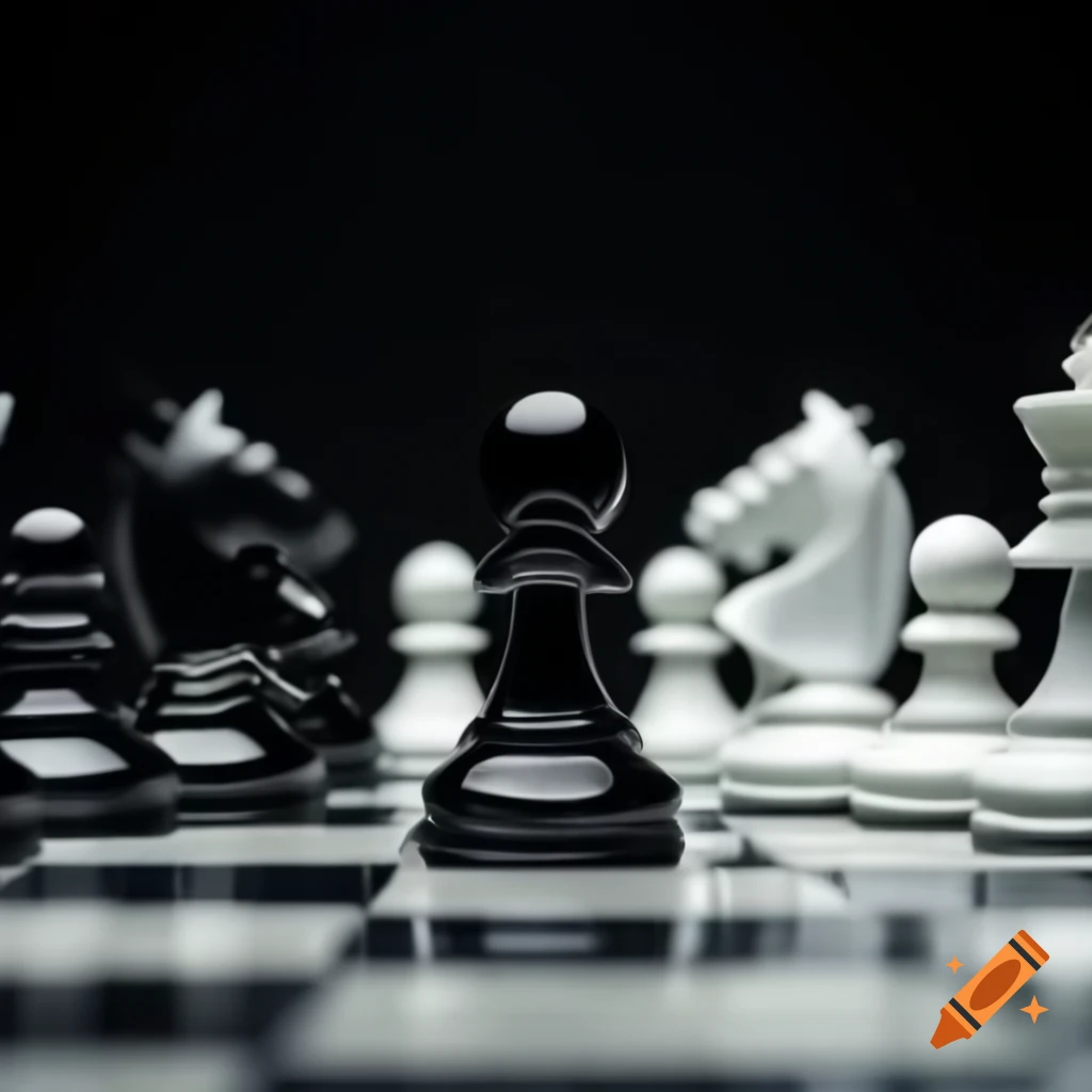 Black chess pieces with pawn in center and broken white pieces in background