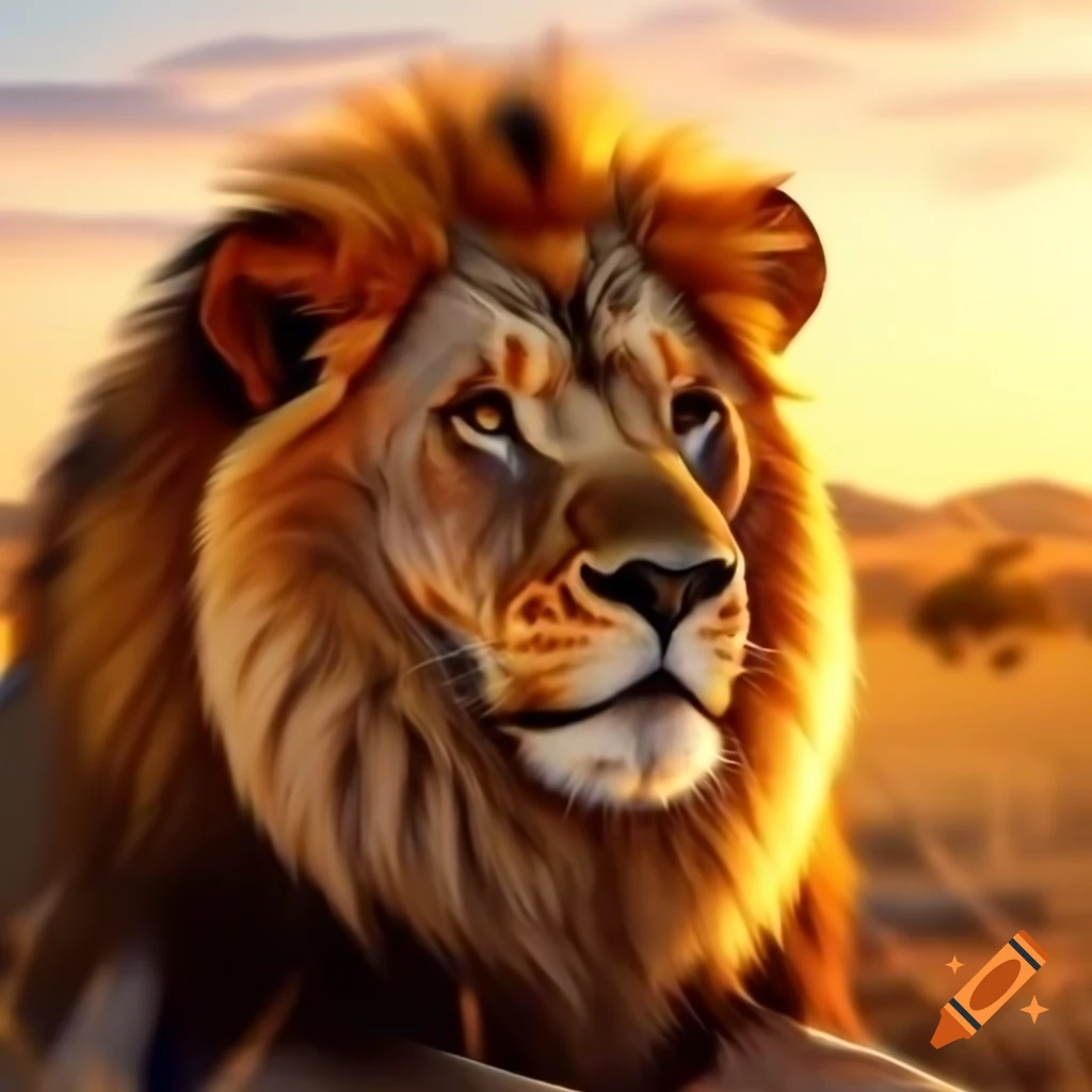 Line drawing of lion gazing at sunset