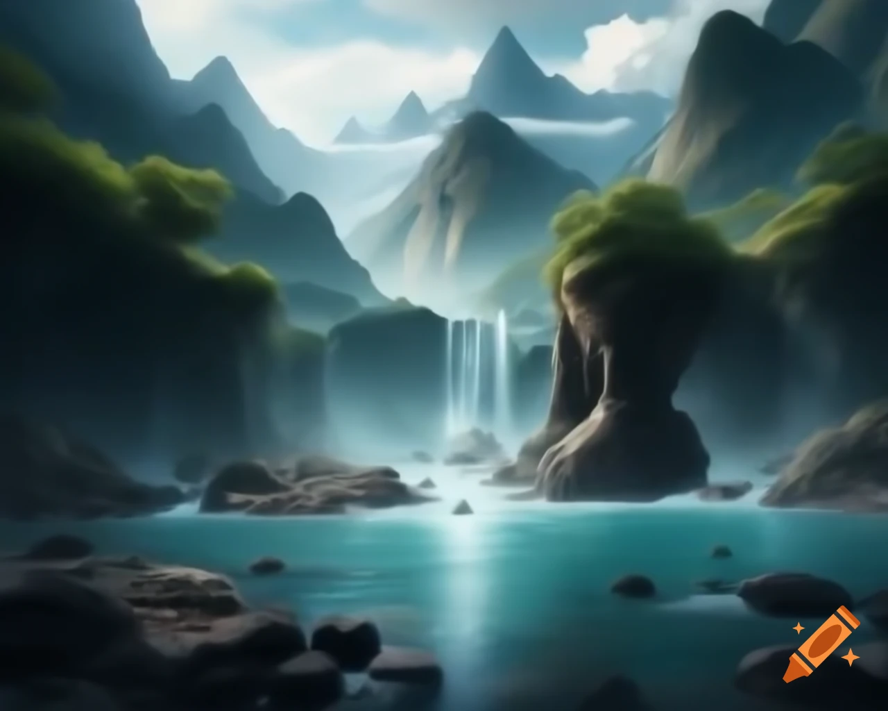 Mysterious river with waterfall and high mountains in pastel drawing