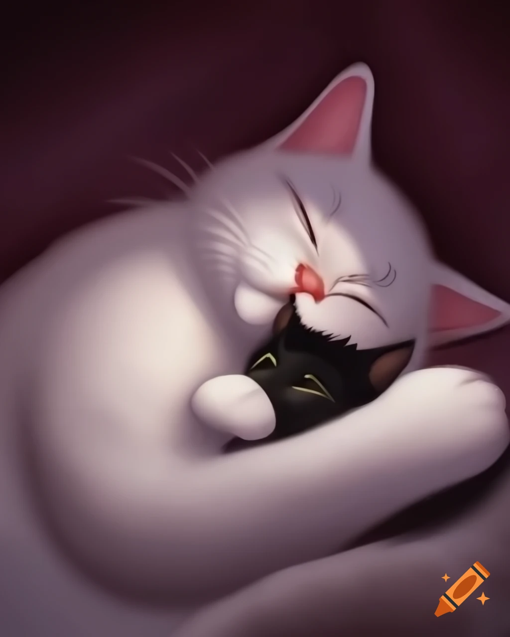 White and black cats sleeping together in a cute painting