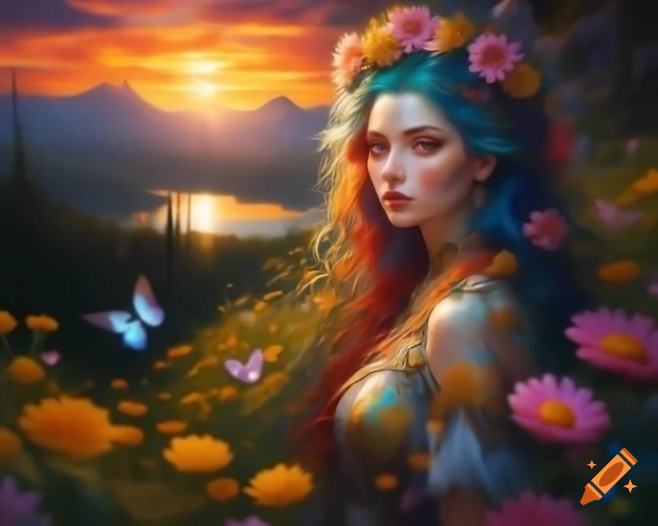 Enchanting colorful-haired woman with wildflowers and butterflies, stunning sunset in background