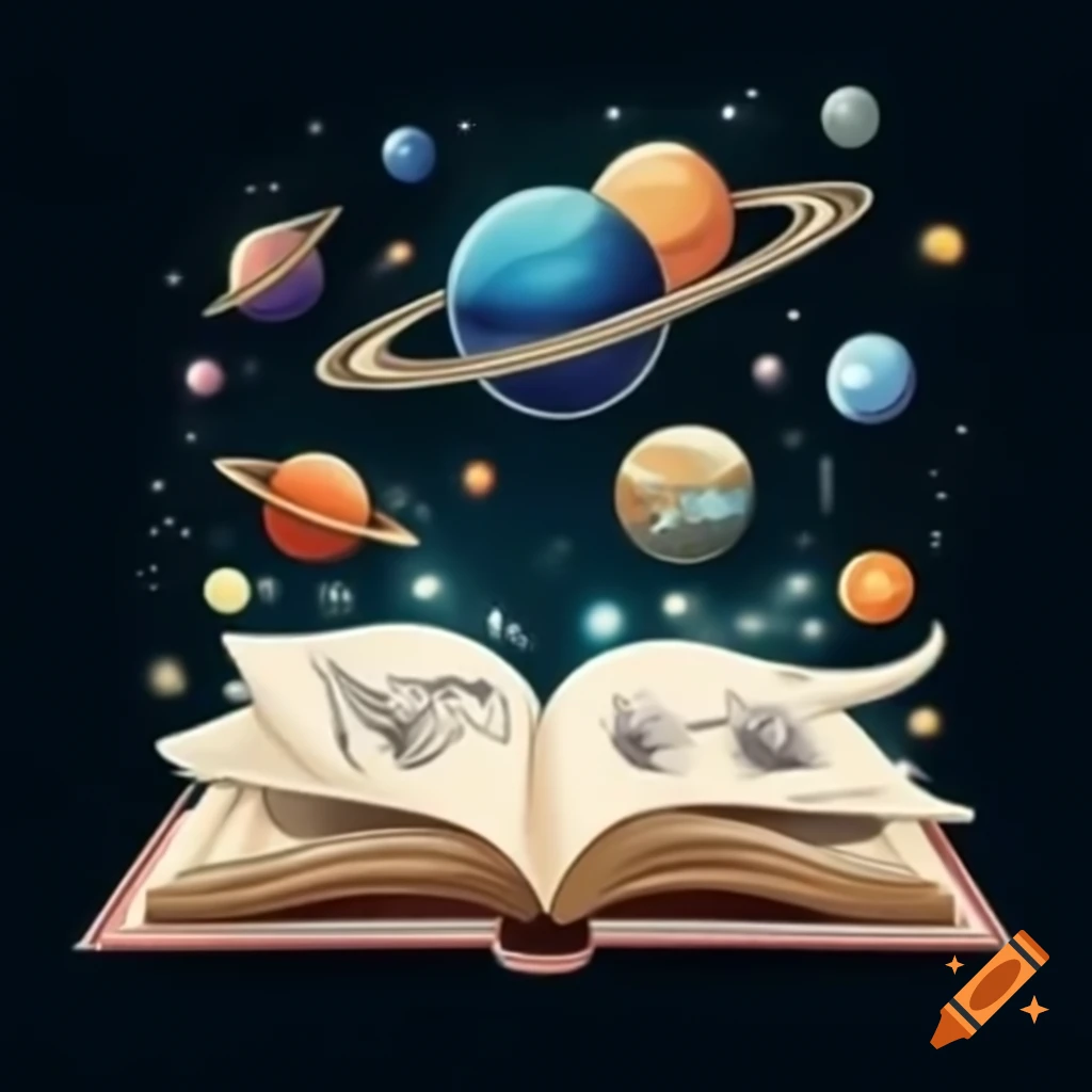 Drawing of planets flying out of a sketchbook on craiyon
