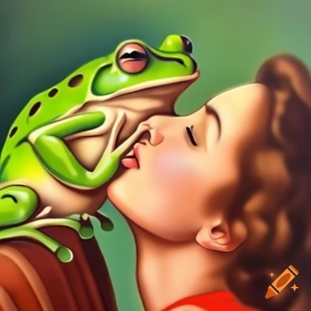 Vintage oil painting of a frog and a woman kissing