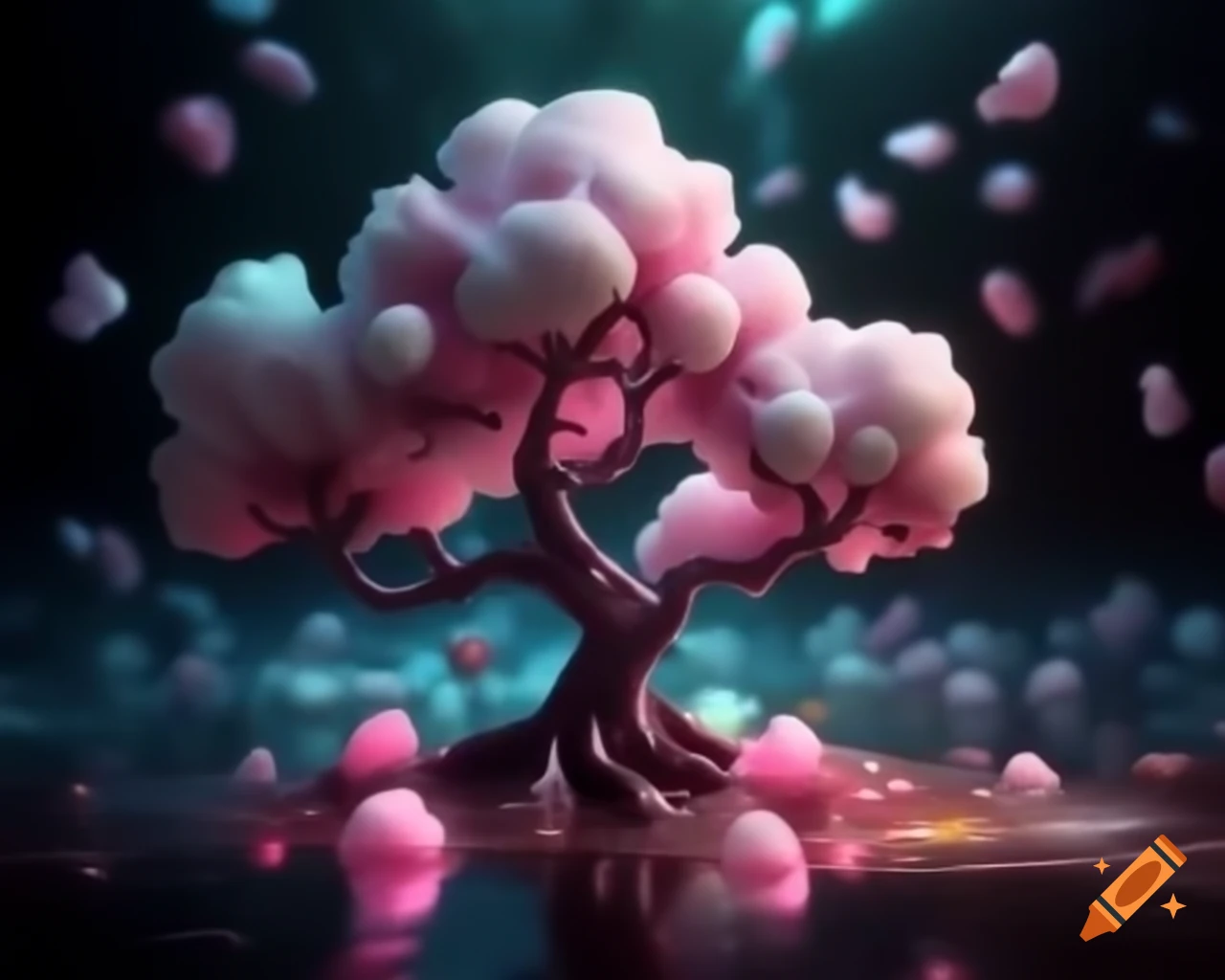 Fantasy art with pastel colors featuring chocolate lake and cotton candy trees