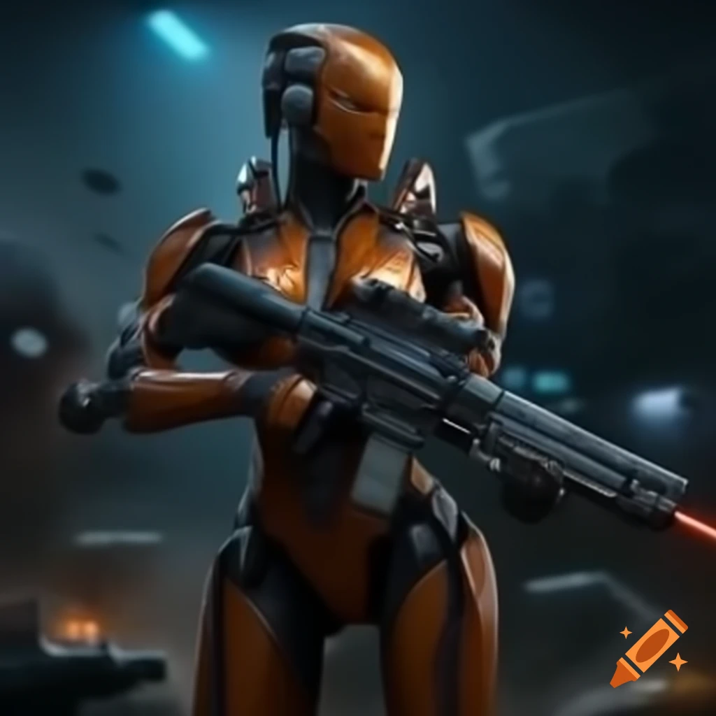 Cyborg warrior in armor with laser rifle in futuristic battlefield