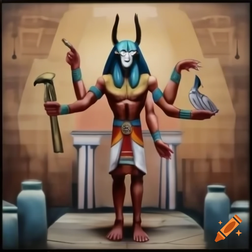 Egyptian god with goose head depicted in temple wall painting of Book of the Dead
