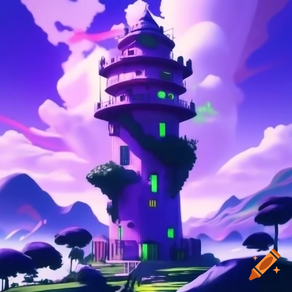 Inspiring illustration of a large purple tower with green highlights