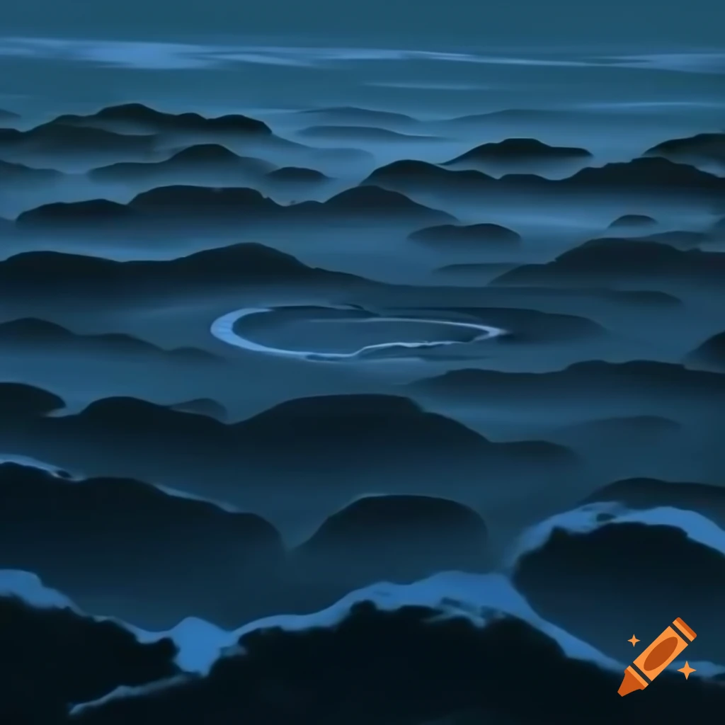 Dense rain creating ripples on grey sea surface in Miyazaki style