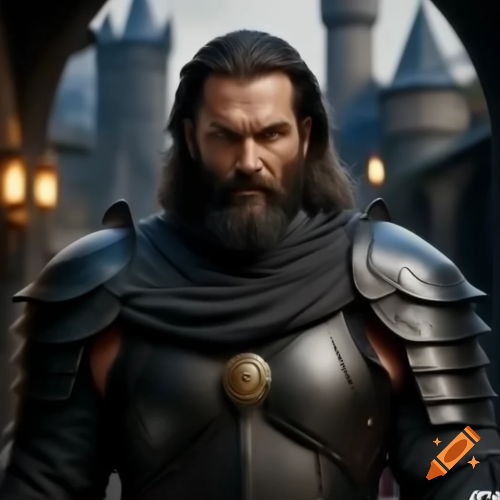 Realistic depiction of a large man in black full plate armor inside a