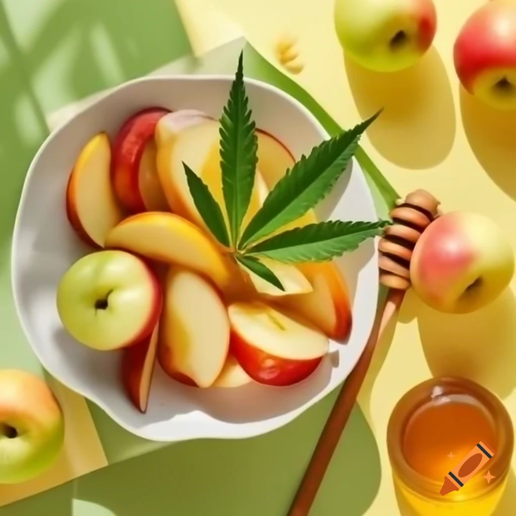 Rosh Hashanah flyer featuring weed leaves, apples, and honey