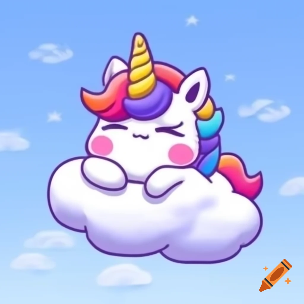 Chibi art of unicorn sleeping on a cloud