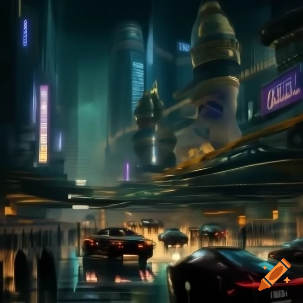 Bustling cyberpunk cityscape with Byzantine mosaics and neon lights