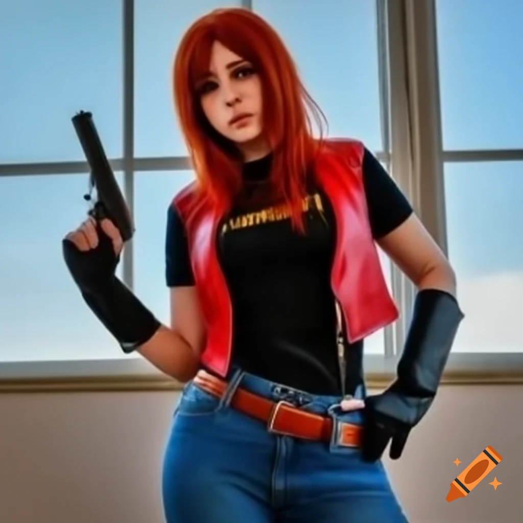 Female cosplayer with reddish-brown hair in red leather vest and pistol
