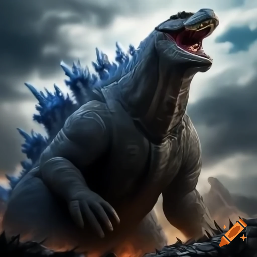 Putin riding Godzilla in Dream War, dramatic scene