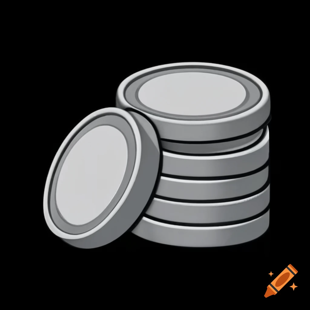 Three stacks of silver coins cartoon style on black background