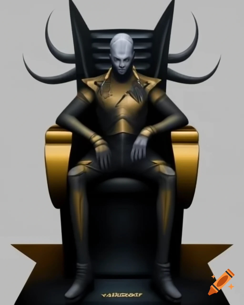 Sci-fi fantasy emperor with grey skin and pointed ears seated on throne in black-golden outfit