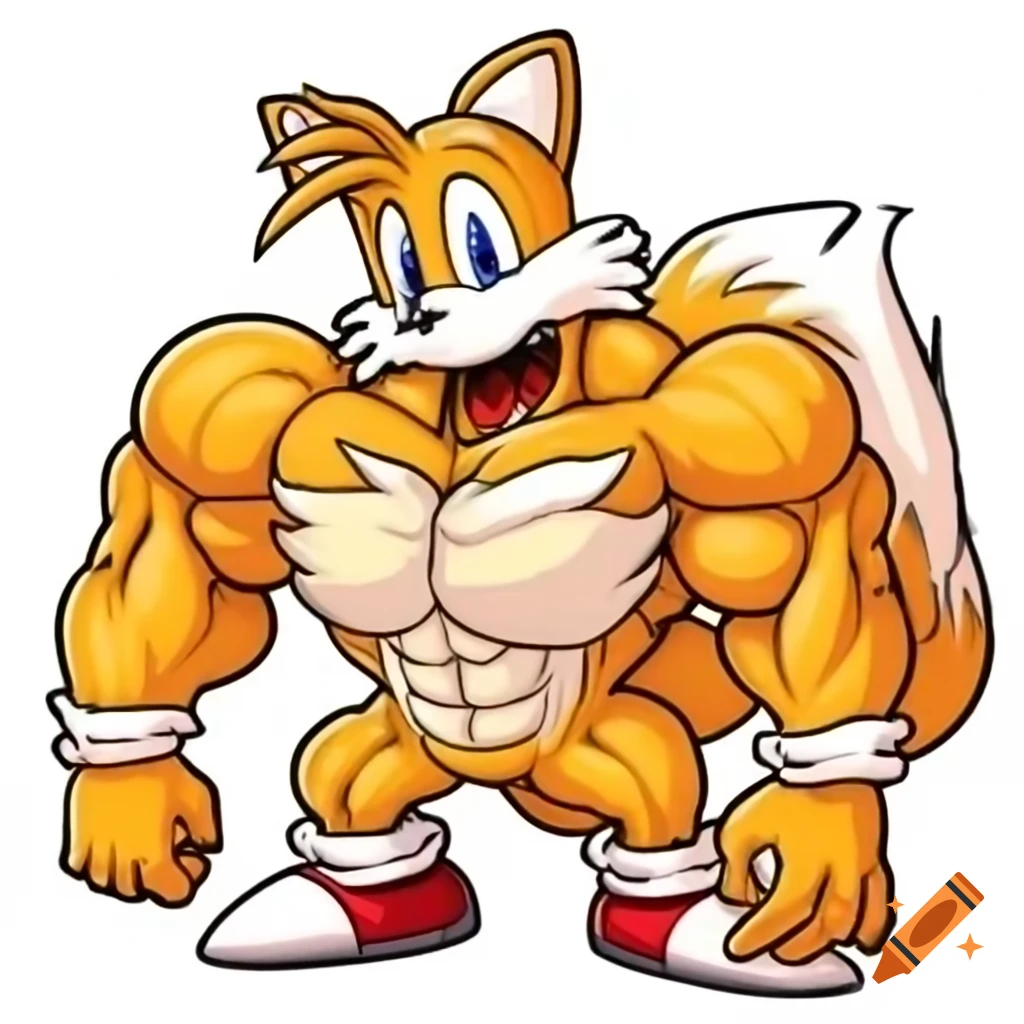 Furry art of Miles 'Tails' Prower flexing exaggerated bodybuilder muscles in full-length portrait