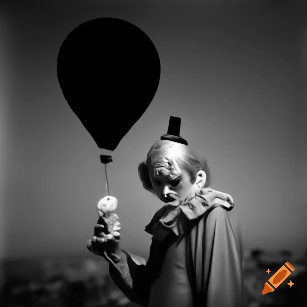 Sad clown with black balloon, evoking a sense of melancholy